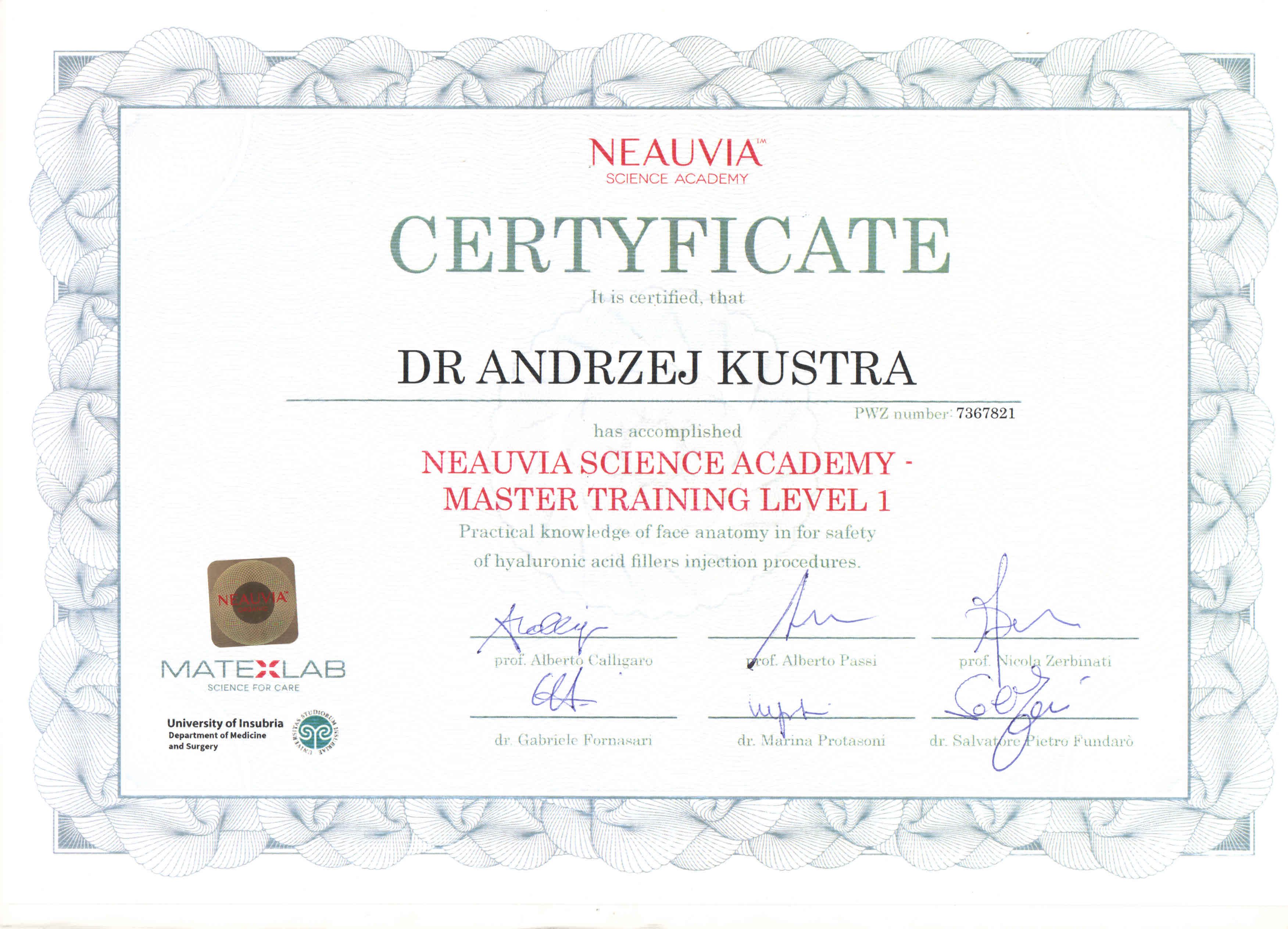 Certyfikat Dr Andrzej Kustra
